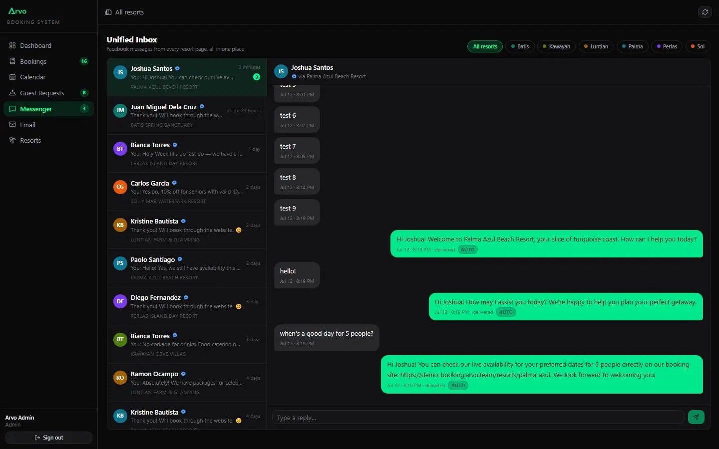 A live Facebook Messenger unified inbox inside the admin.