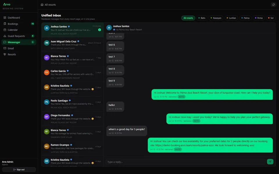 A live Facebook Messenger unified inbox inside the admin.