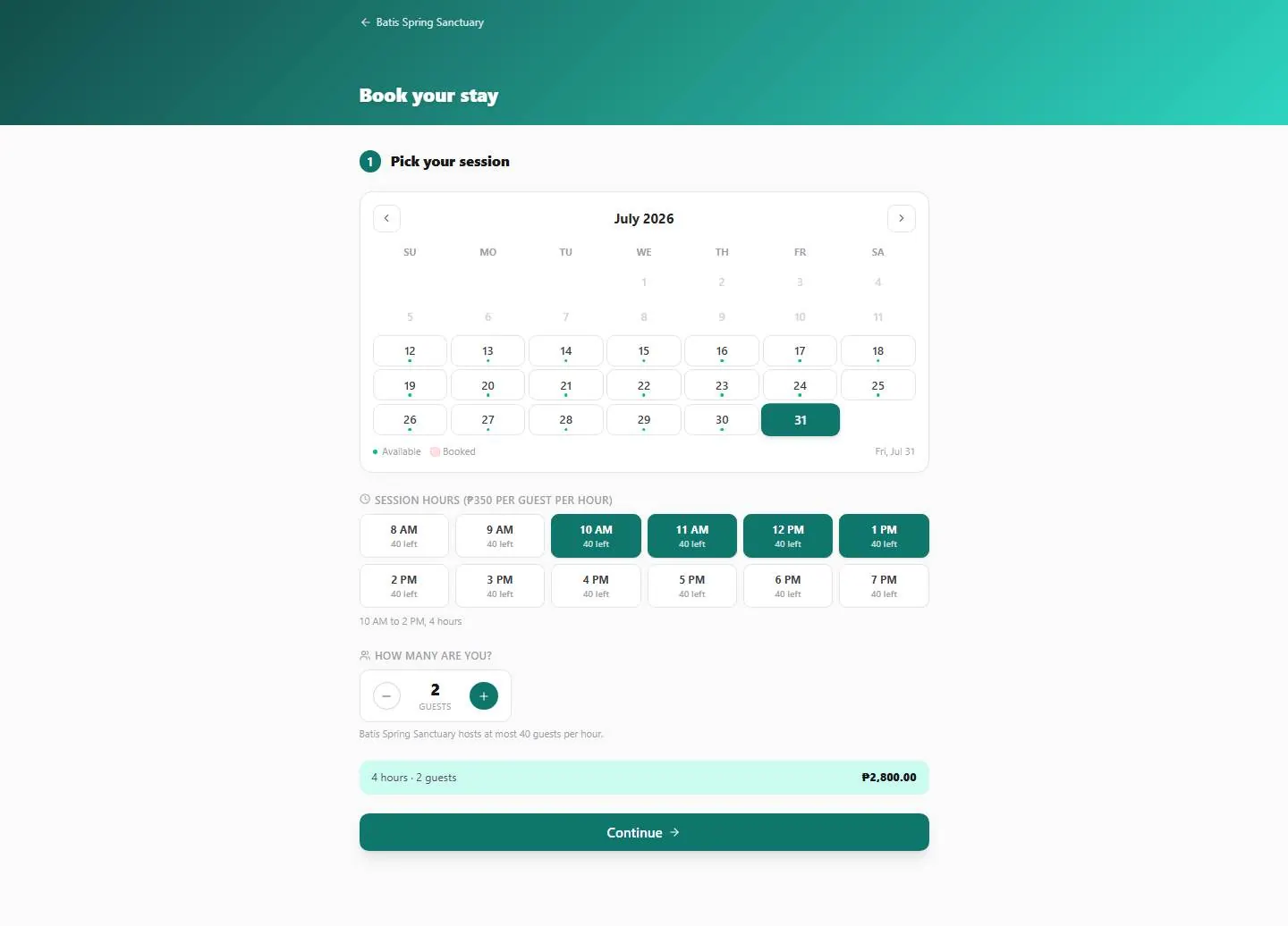 The booking flow; conflicting dates are rejected with alternative suggestions.