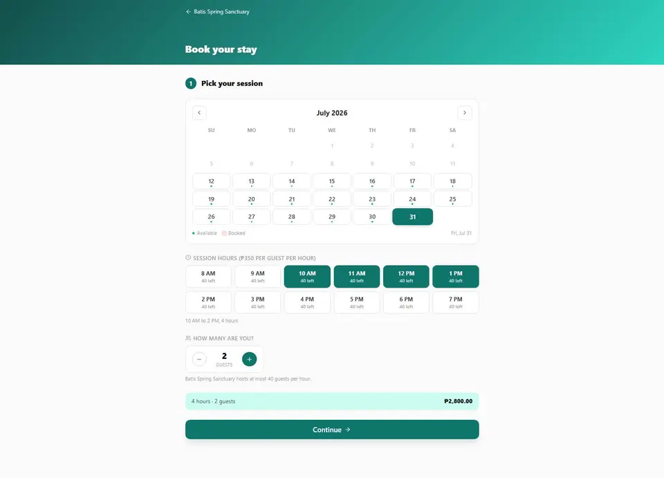 The booking flow; conflicting dates are rejected with alternative suggestions.