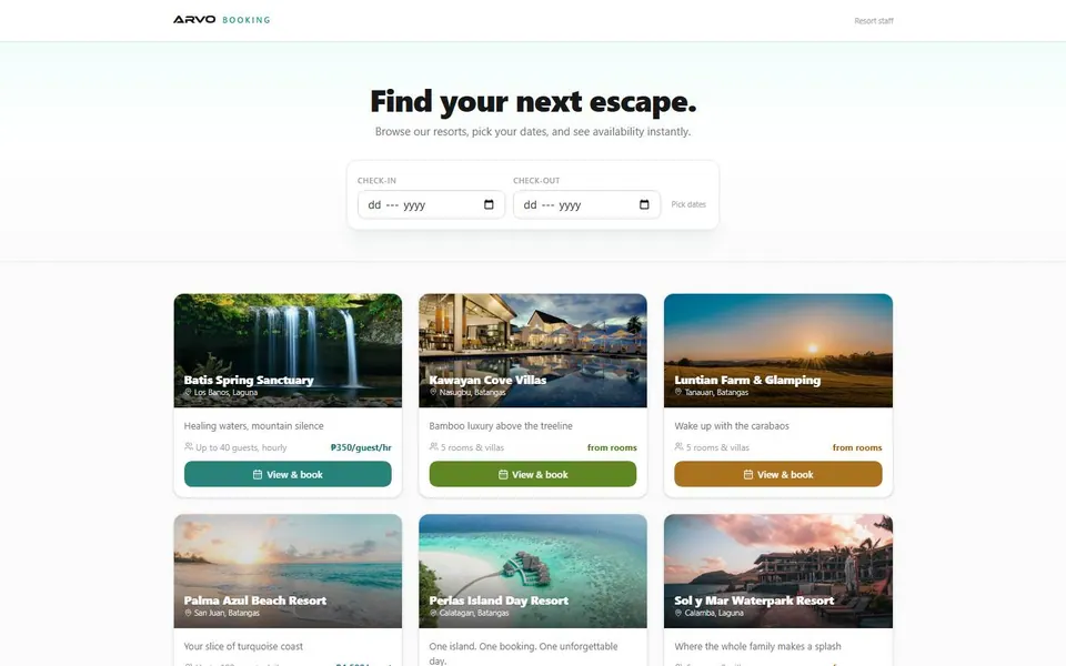 The public portal: pick dates and see live availability across resorts.