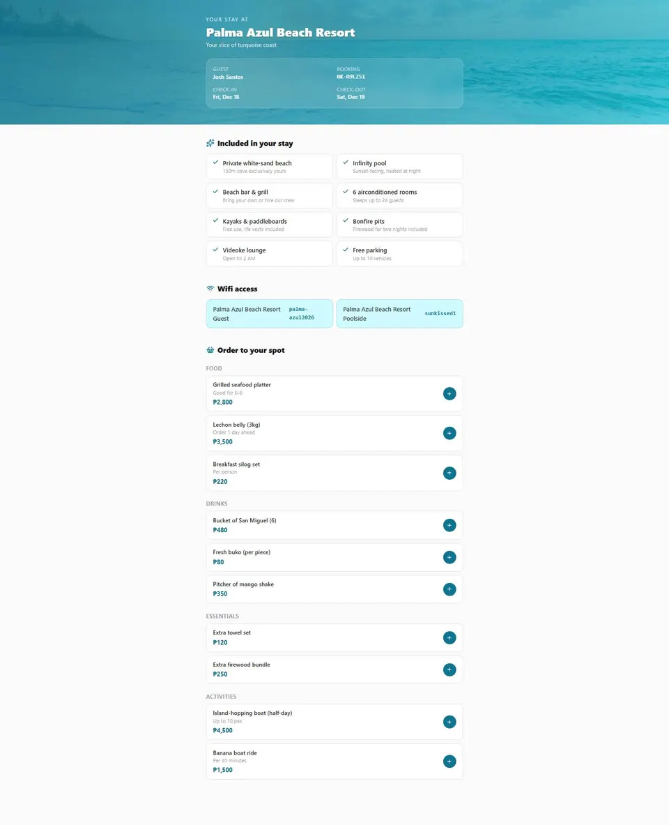 The guest stay portal, reached by a magic link from the approval email.