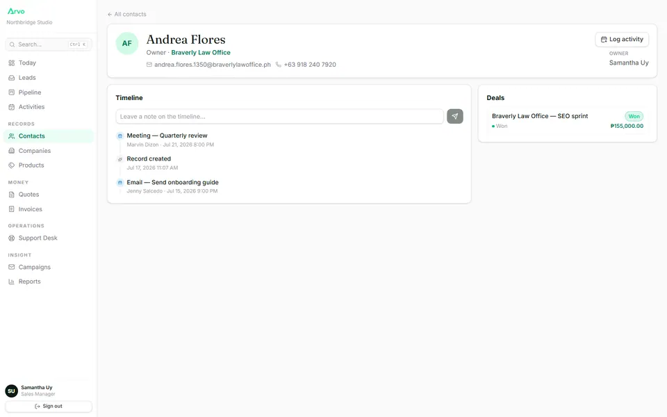 A contact timeline with activities, quotes, and tickets in one view.