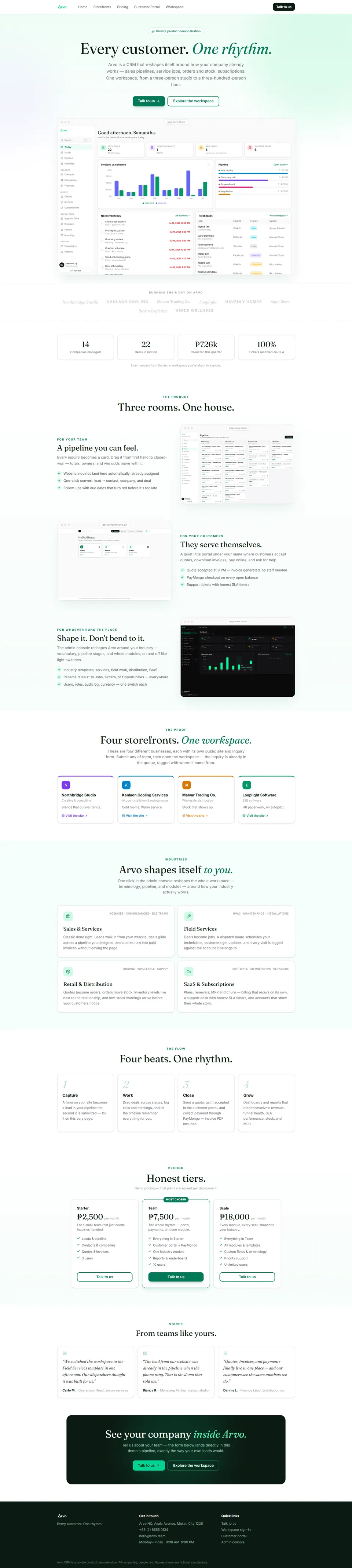 The product landing page; its inquiry form creates a real lead in the workspace.