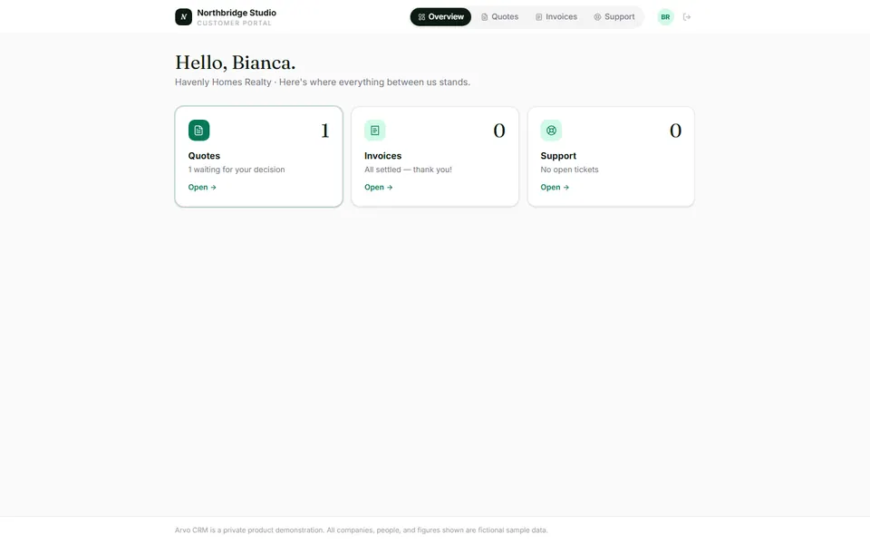 The customer portal: accept quotes, download invoices, open tickets.