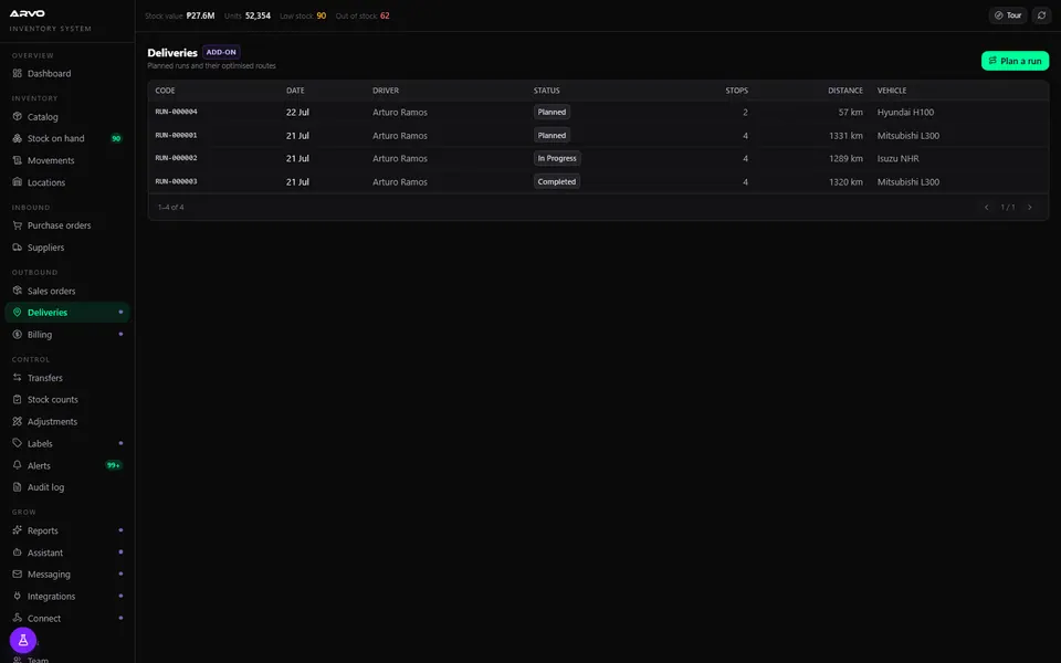 Delivery runs with their stops, distance, vehicle, and status.