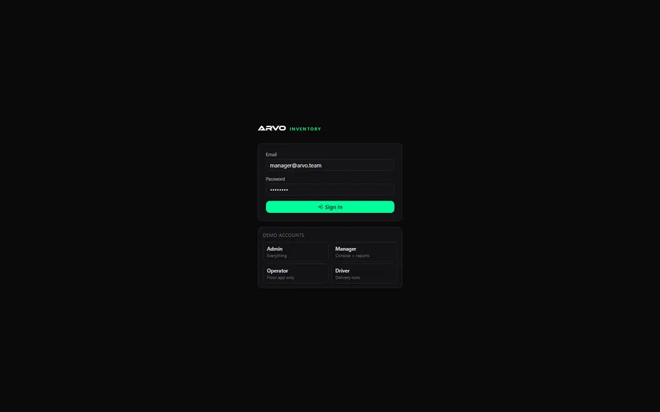 Role-based demo accounts: admin, manager, floor operator, and driver.