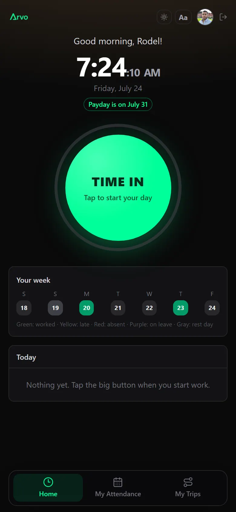 The driver's phone app: time in with a selfie and location.
