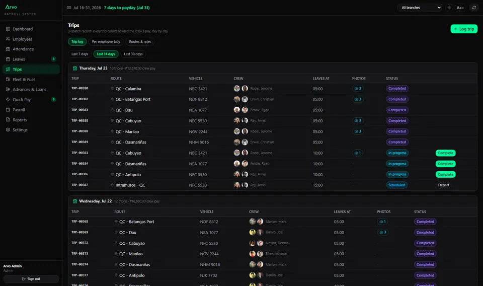 Trip logging that drives per-trip pay for drivers and helpers.